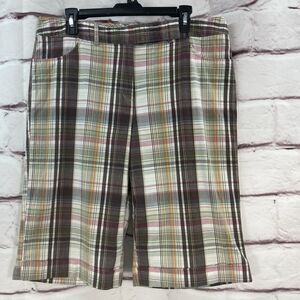 Briggs New York Shorts Plaid Bermuda Size 16 High Rise Modest Golf Brown Green